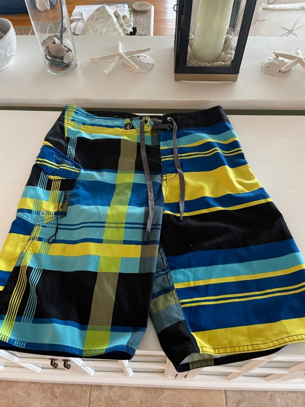 Volcom Black, Blue & Yellow Striped Men's Boardshorts